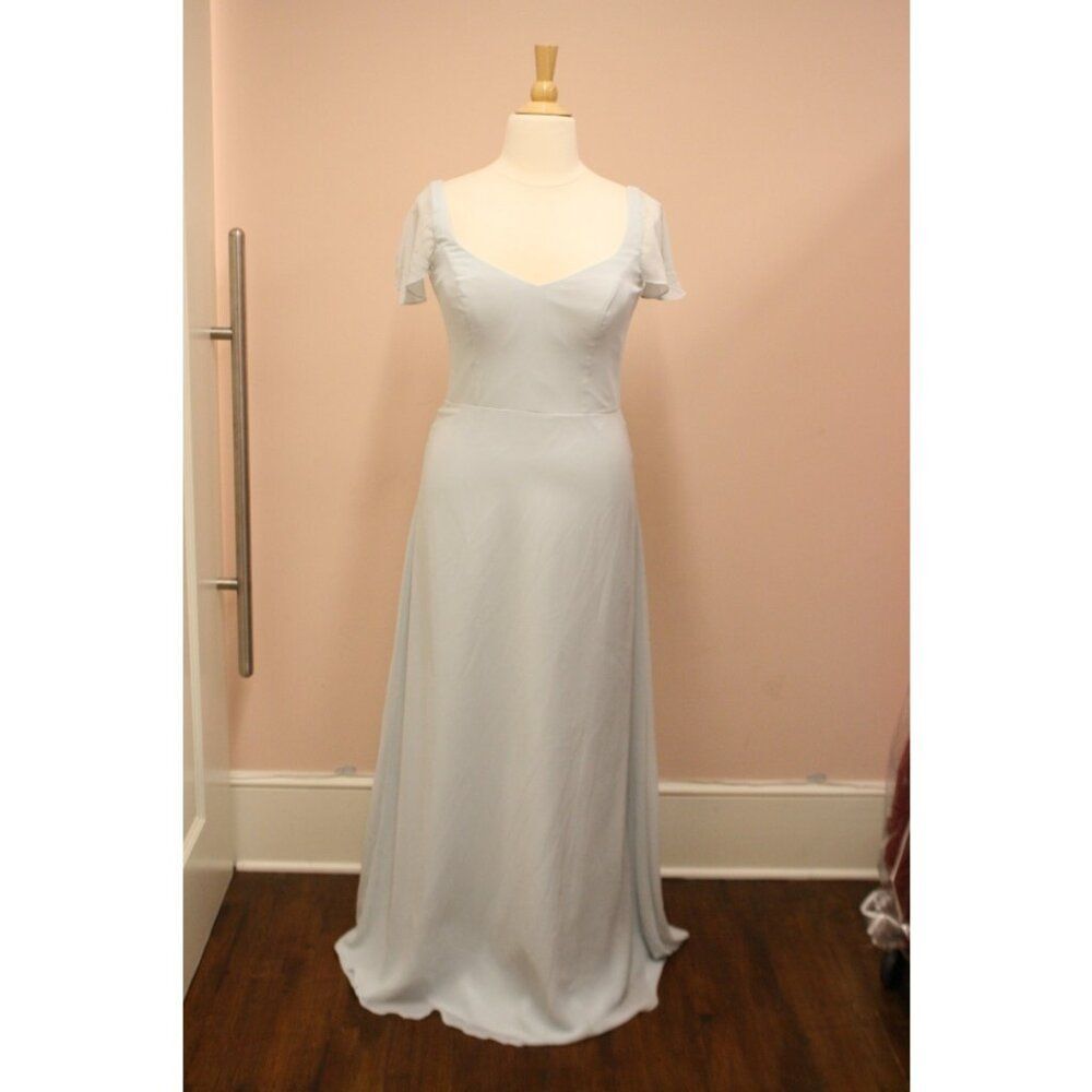 Hayley Paige Occasions 52253 Long Chiffon Bridesmaid Dress Blue Flutter Sleeve